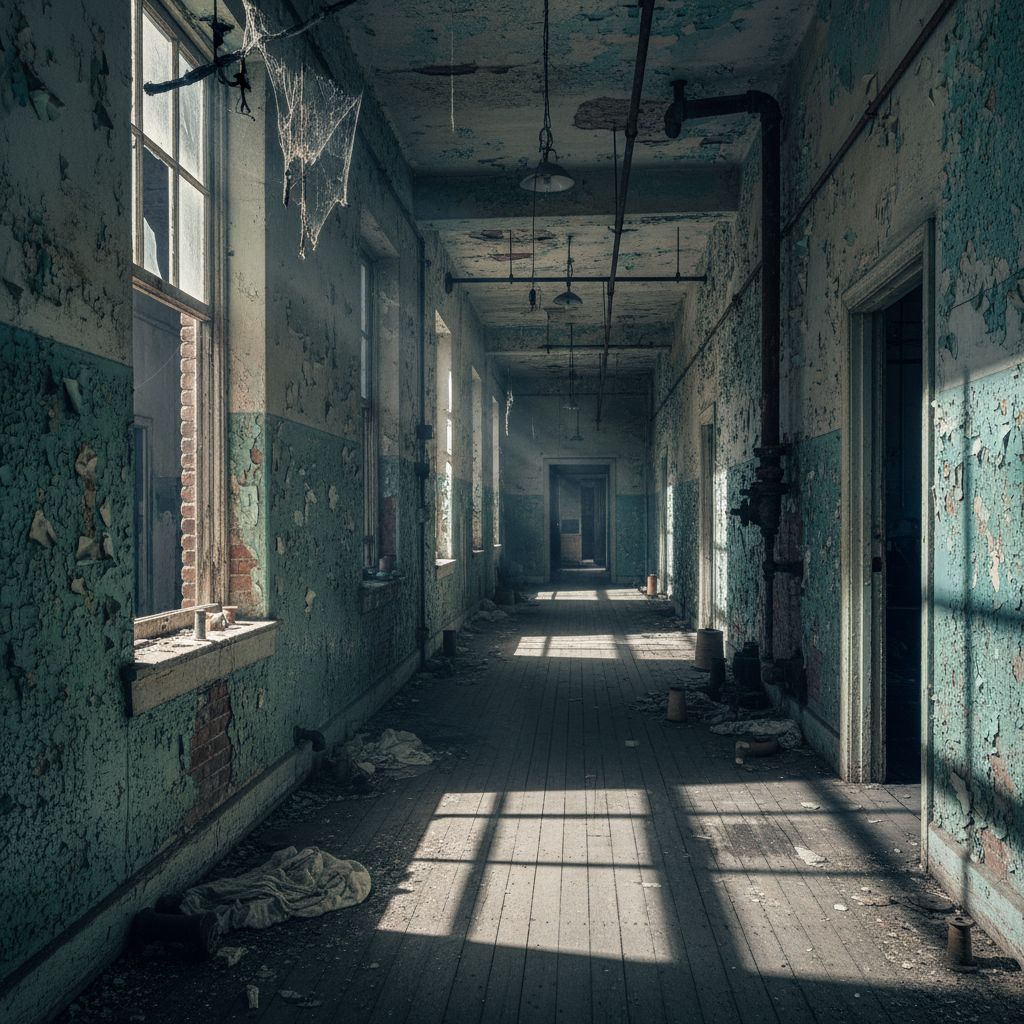 Moonlight through broken windows of an abandoned textile mill