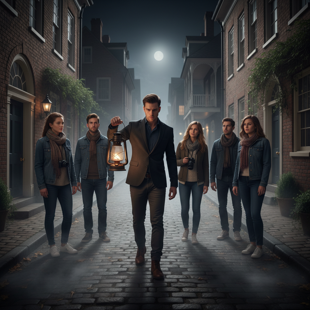 Tour guide leading guests down a foggy cobblestone alley