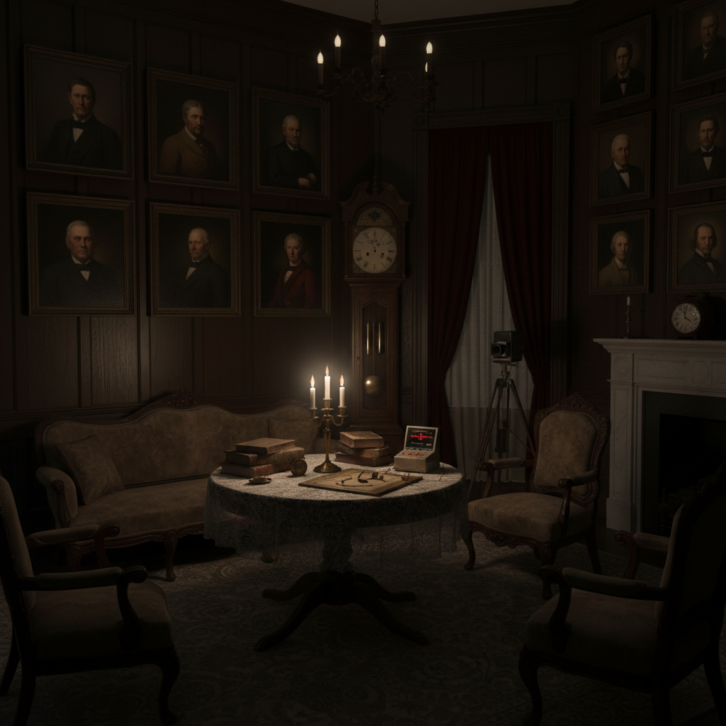 Historic Victorian parlor — antique furniture, portraits, and candlelight
