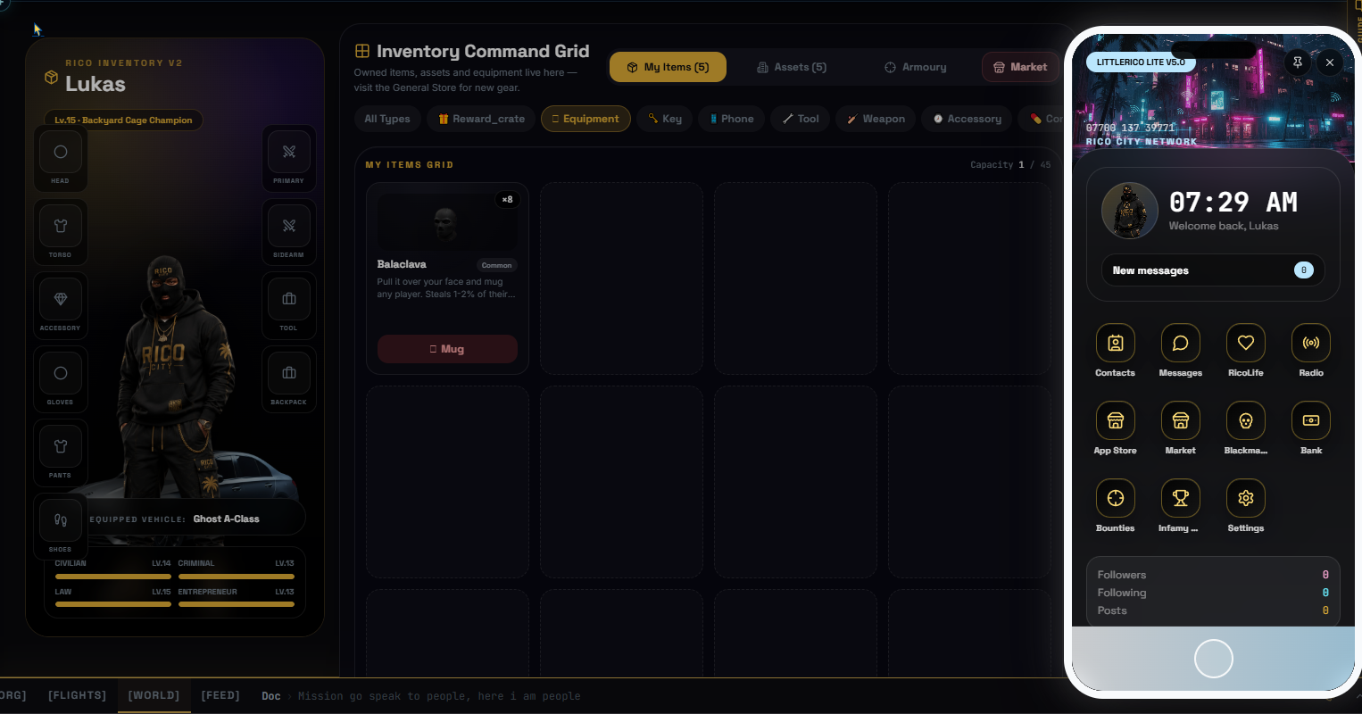 Rico City inventory, character equipment and in-game phone