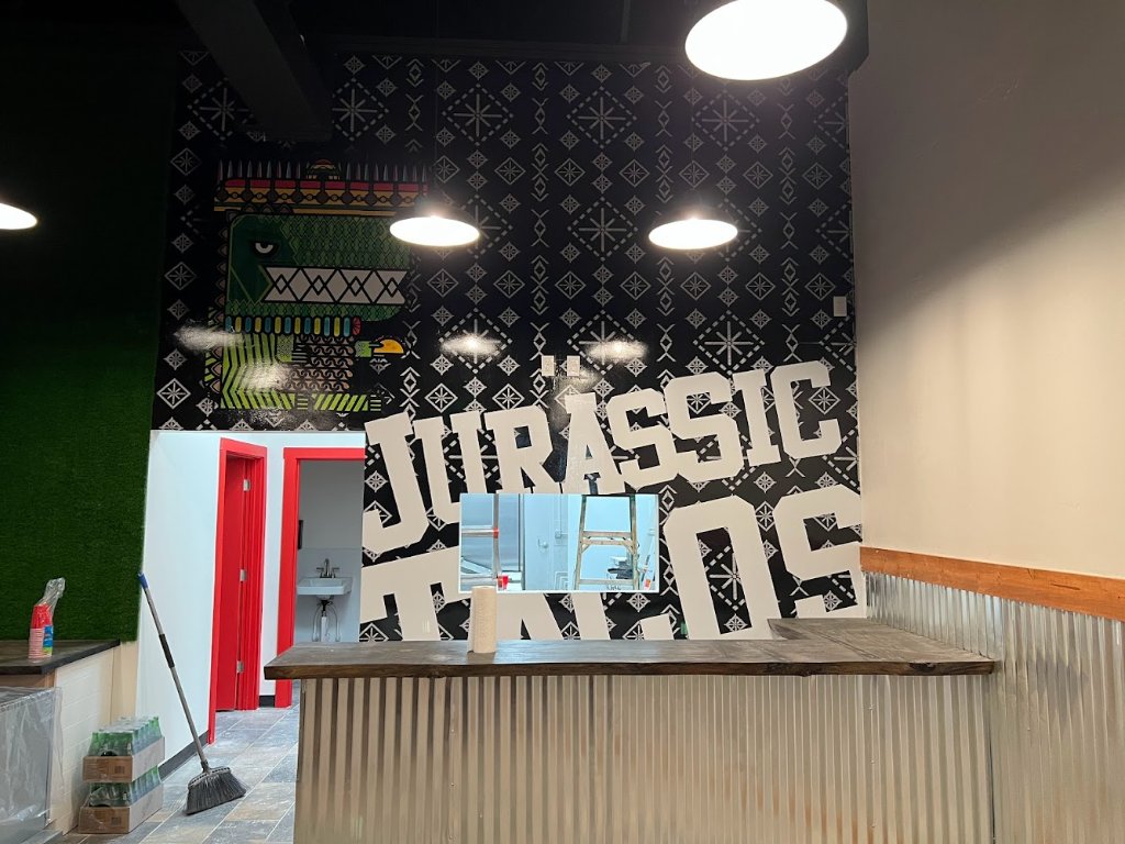 Jurassic Tacos pixel dinosaur wall mural graphic