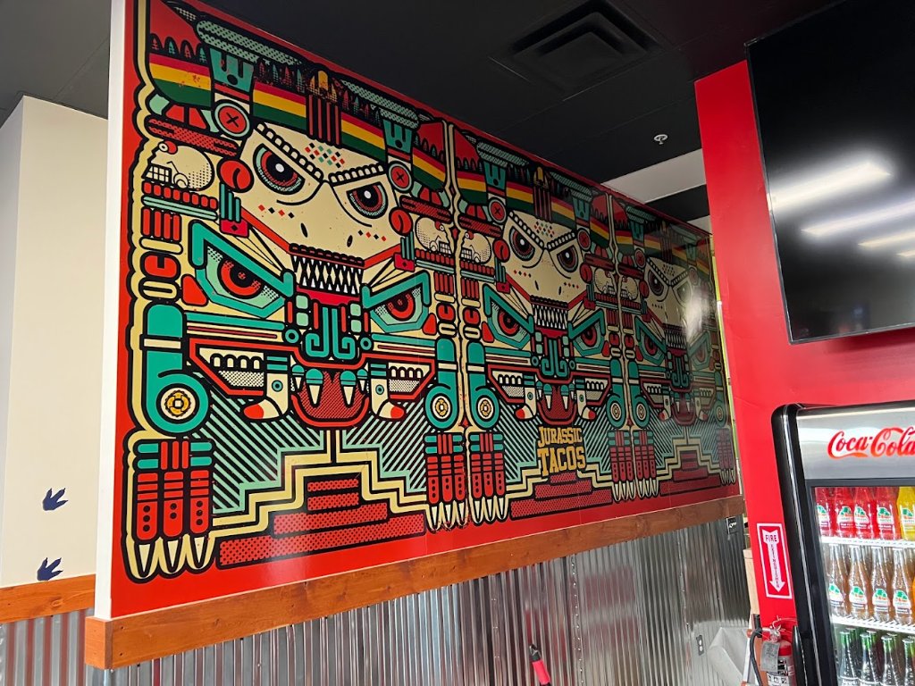 Jurassic Tacos Mayan themed restaurant wall mural