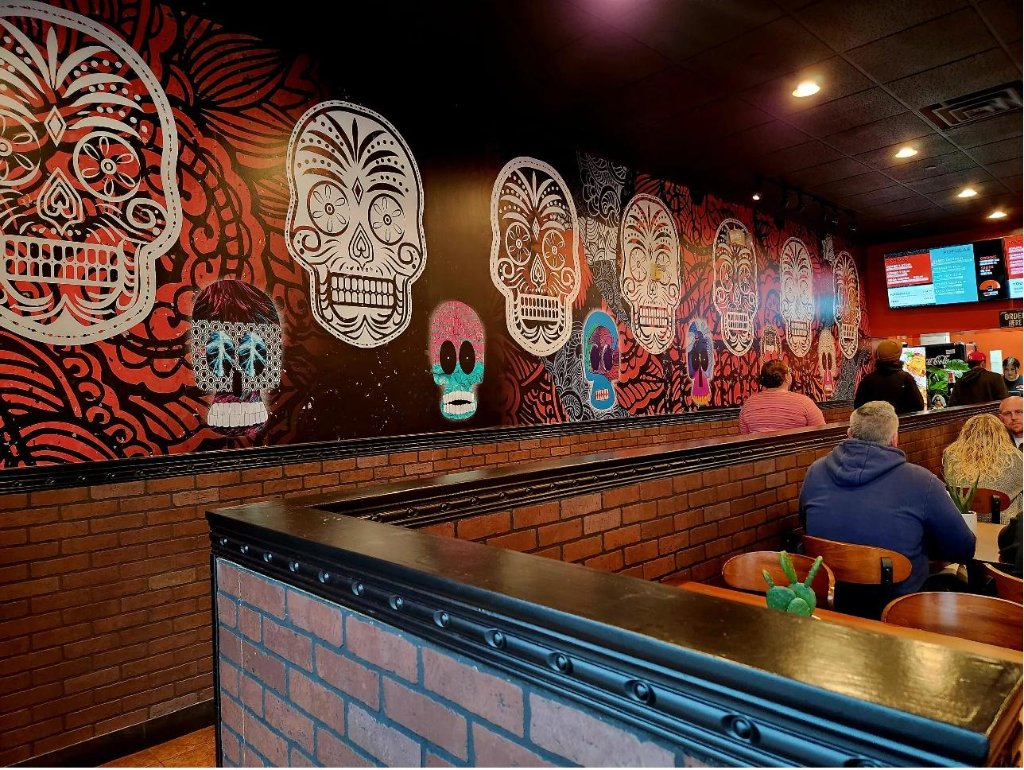 Red taco restaurant sugar skull wall mural — Utah County
