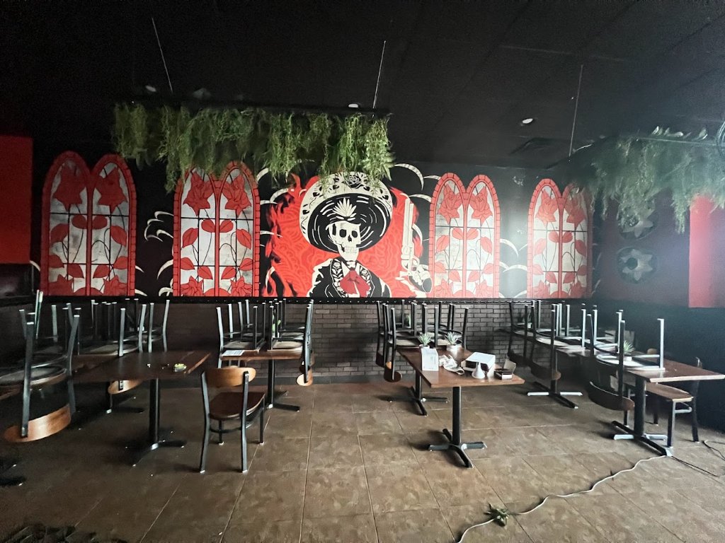 Restaurant interior custom wall mural with Day of the Dead artwork