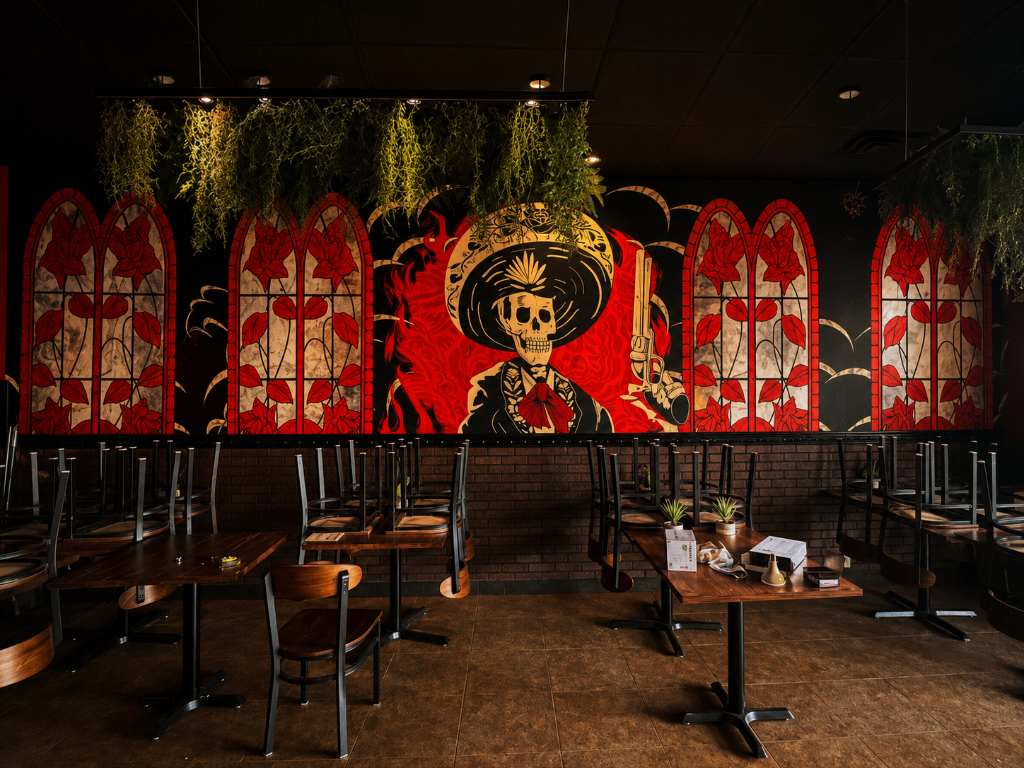 Custom restaurant wall mural with Day of the Dead artwork — Utah County wall graphics