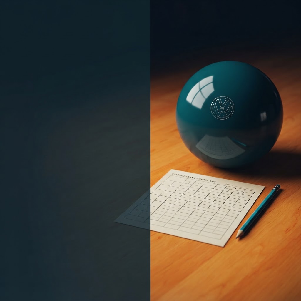 Dark turquoise VW bowling ball beside a blank paper scorecard and turquoise pencil