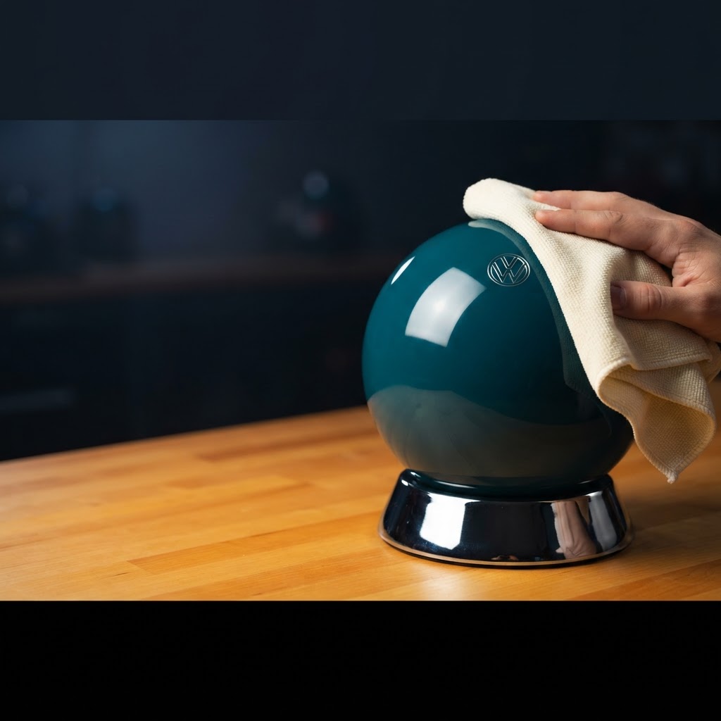 Dark turquoise VW bowling ball with a microfiber polishing cloth and chrome equipment