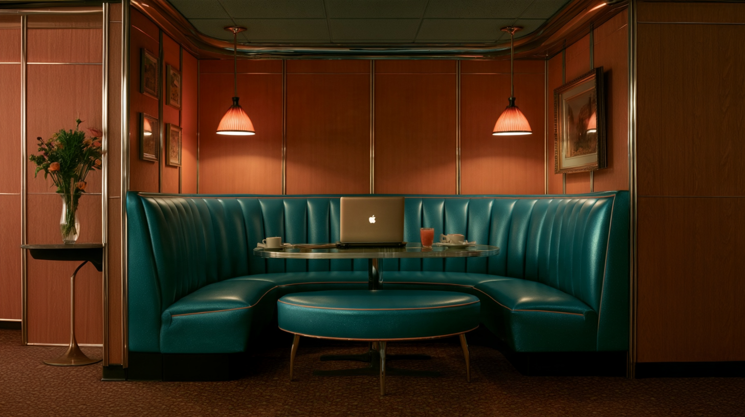 A quiet mid-century booth upholstered in deep turquoise with warm maple panelling, lit by amber pendants and set for a focused conversation.