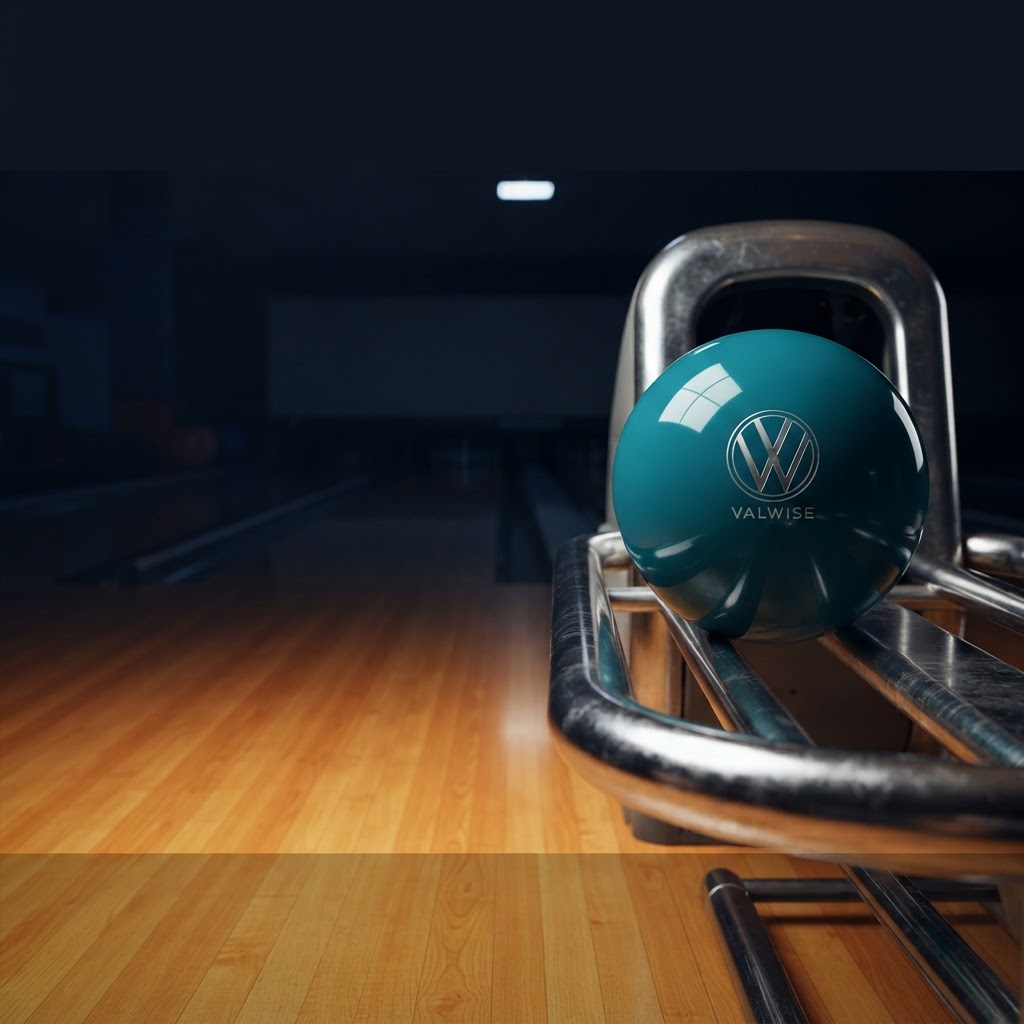 Dark turquoise VW bowling ball resting on polished chrome support rails