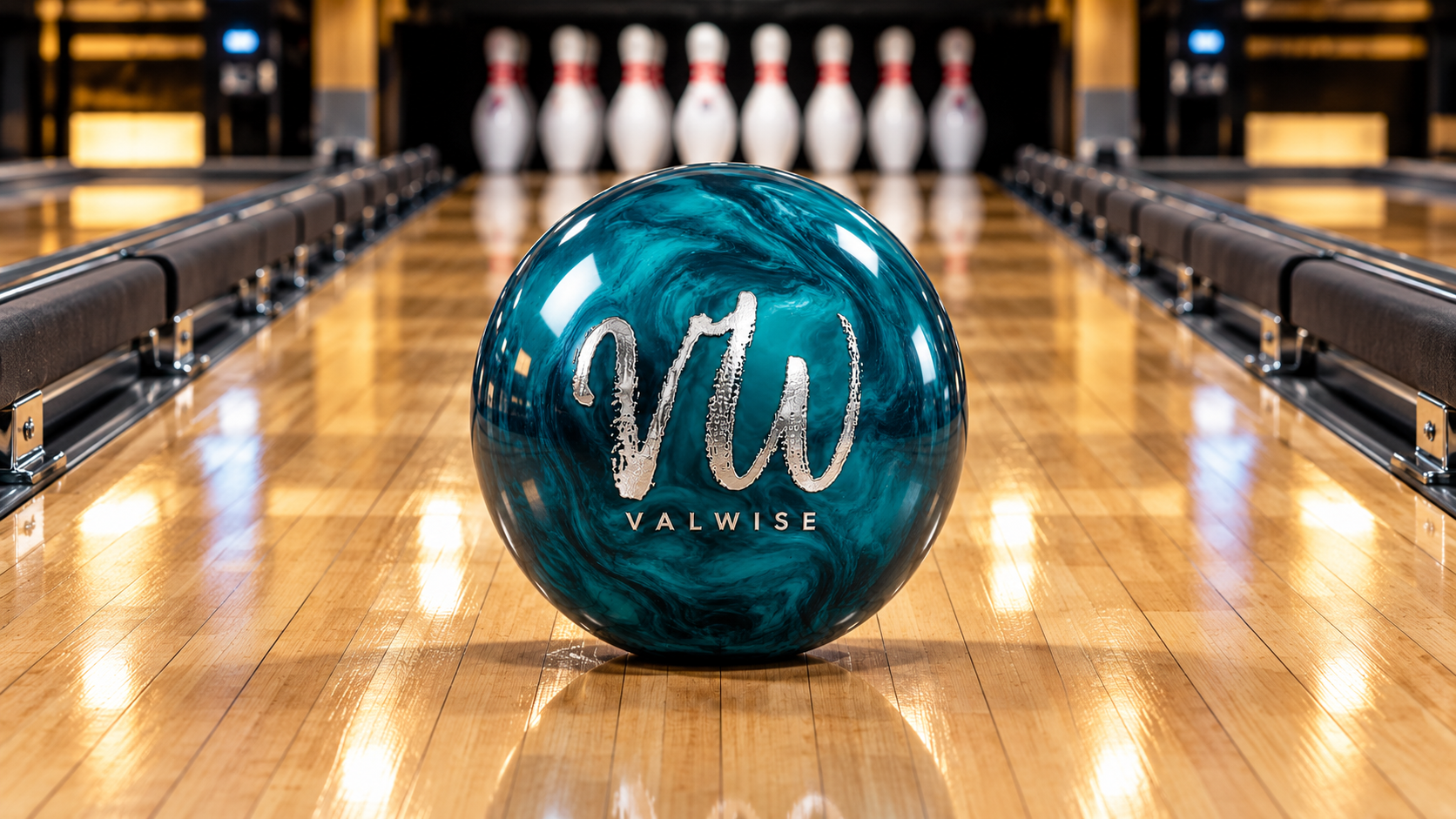 Branded VW bowling ball centered on a polished maple lane, framed by gutters and spectator benches, with ten white pins set in the distance