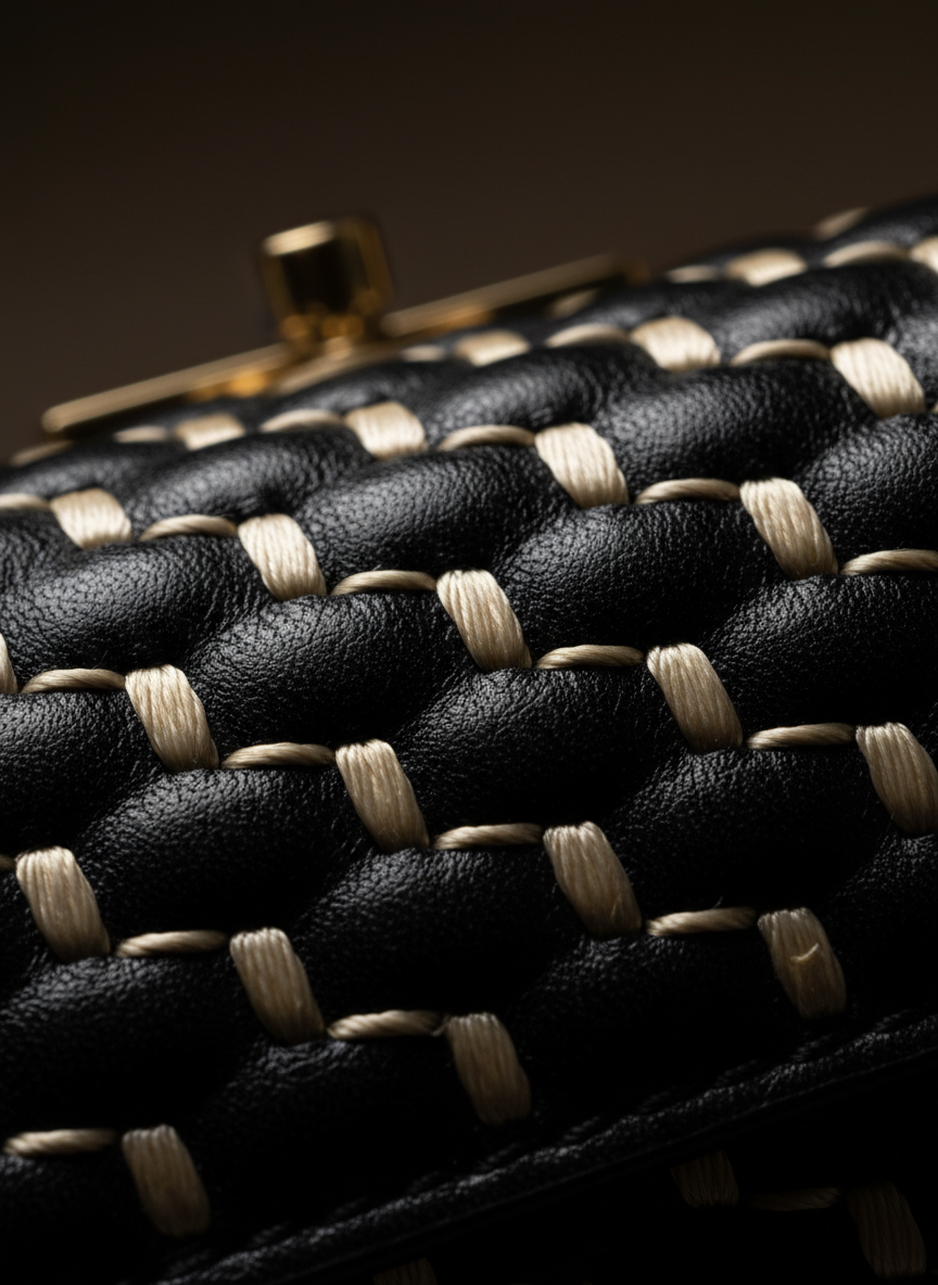 Macro photography of high-end handbag stitching representing the Wallets & Handbags supplier list