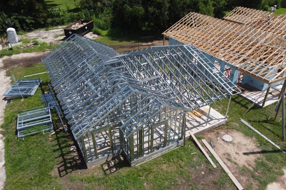 Aerial drone view of CFS steel frame home under construction