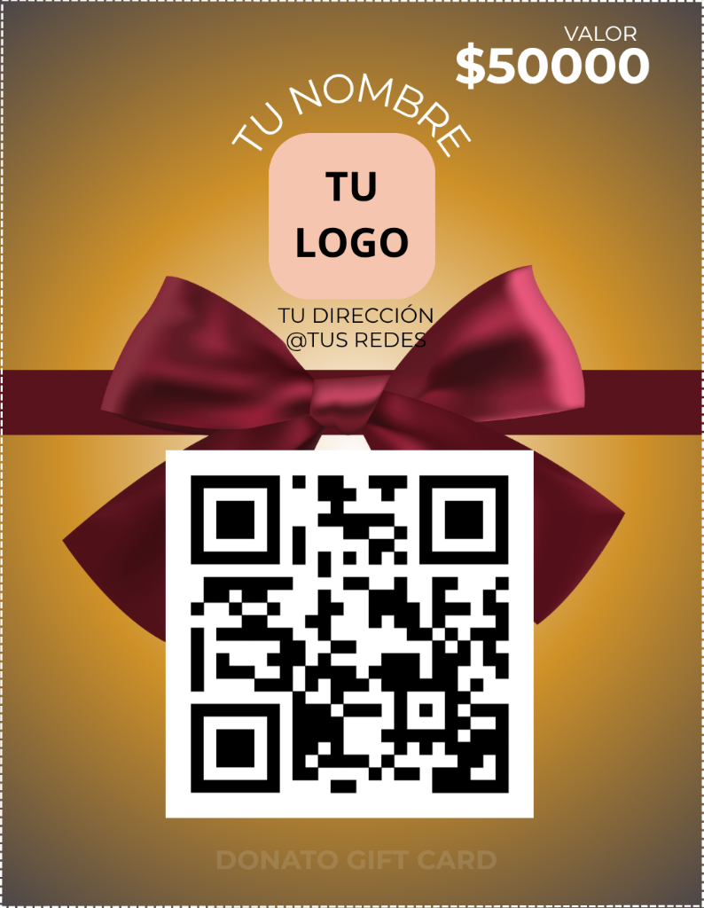 Ejemplo de Donato Gift Card física con moño y QR