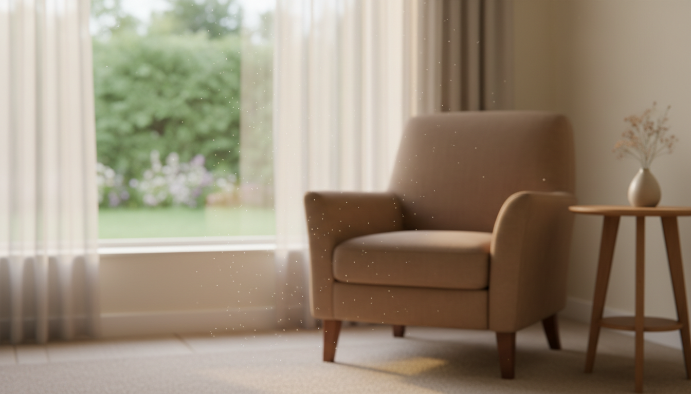 Peaceful, well-lit room with comfortable armchair near a window, suggesting compassionate care