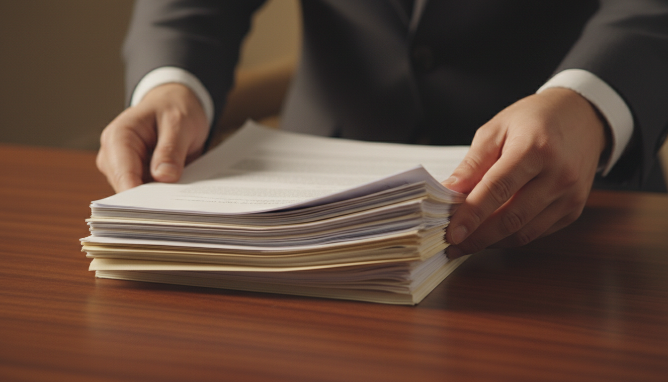 Professional hands carefully organizing documents on a desk