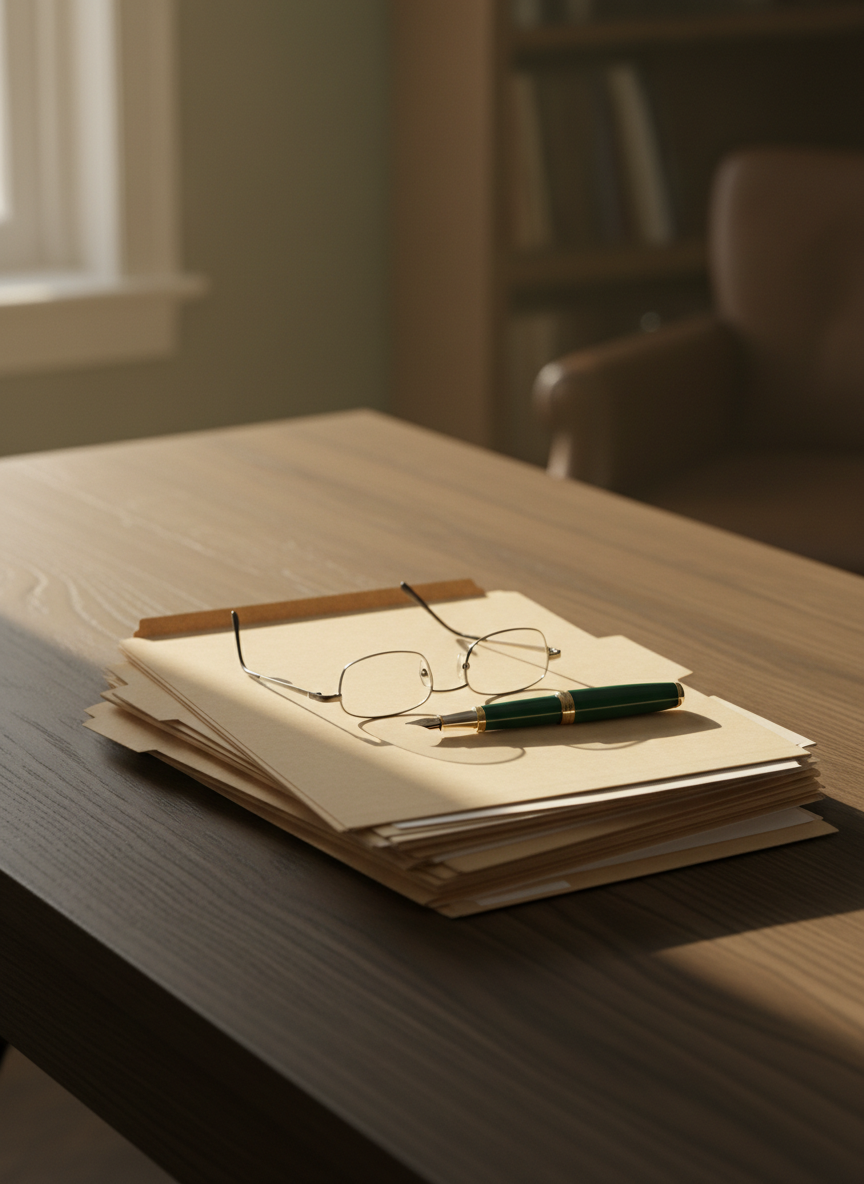 Professional desk with organized medical records and legal documents in warm morning light