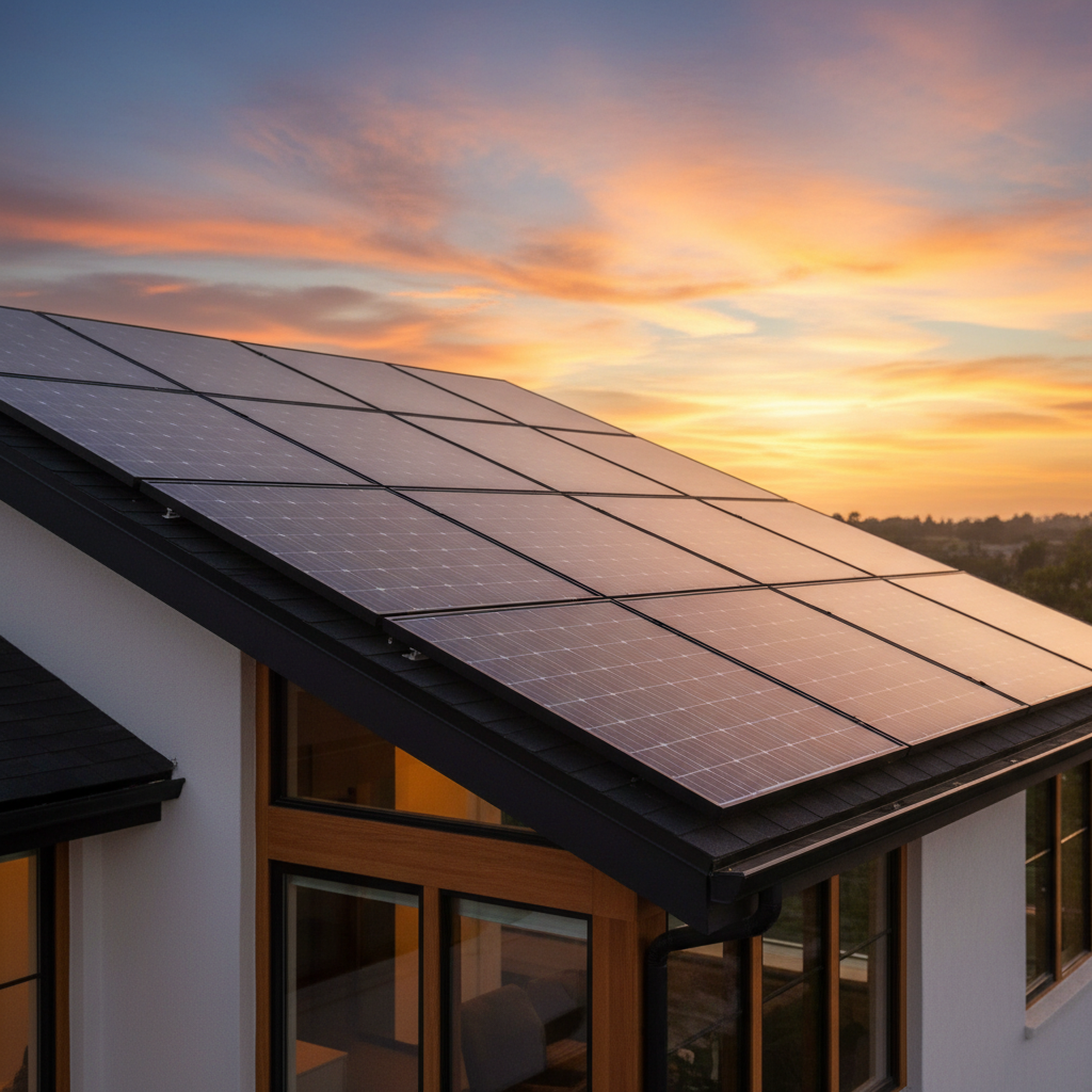 Modern California home with solar panels at golden hour
