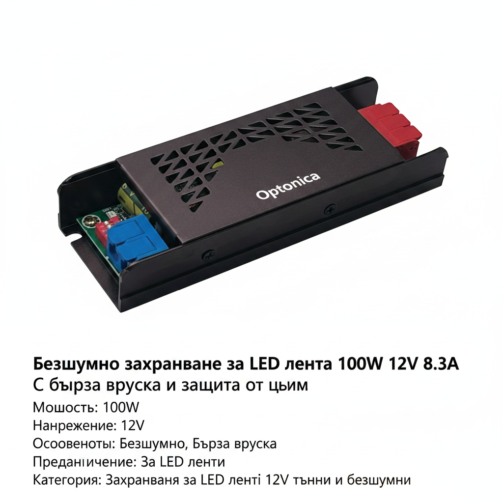 Безшумно захранване за LED лента 100W 12V 8.3A с бърза връзка и защита от шум