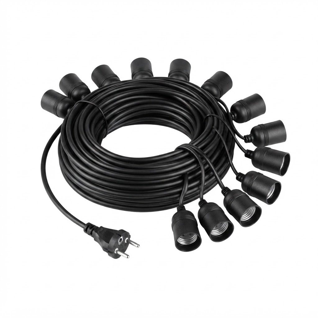 Черен кабел с поредица фасунги 15pcs/E27 IP65 14.4m 2