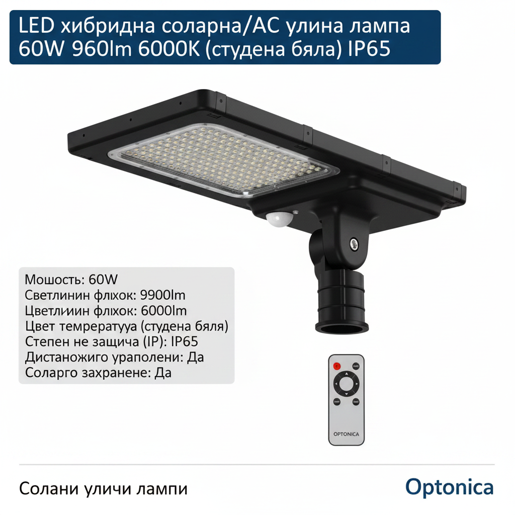 LED хибридна соларна/AC улична лампа 60W 9600lm 6000K (студена бяла) IP65