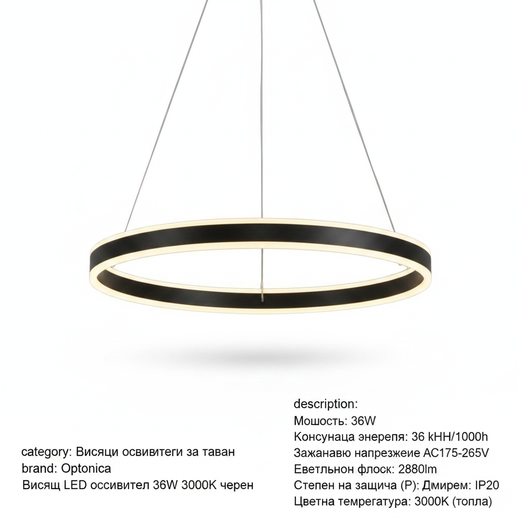 Висящ LED осветител 36W 3000K черен