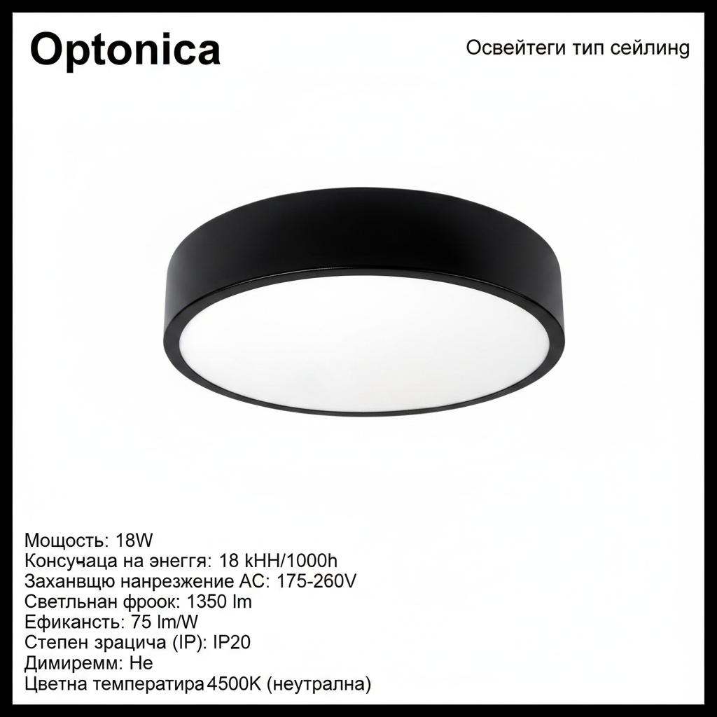 LED кръгъл сейлинг  18W  1350lm 4500K - черен