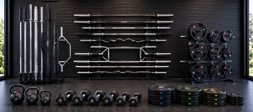 Barbells, dumbbells, weight plates, and free weights for strength training at Redhawk Fitness Sales Oklahoma City