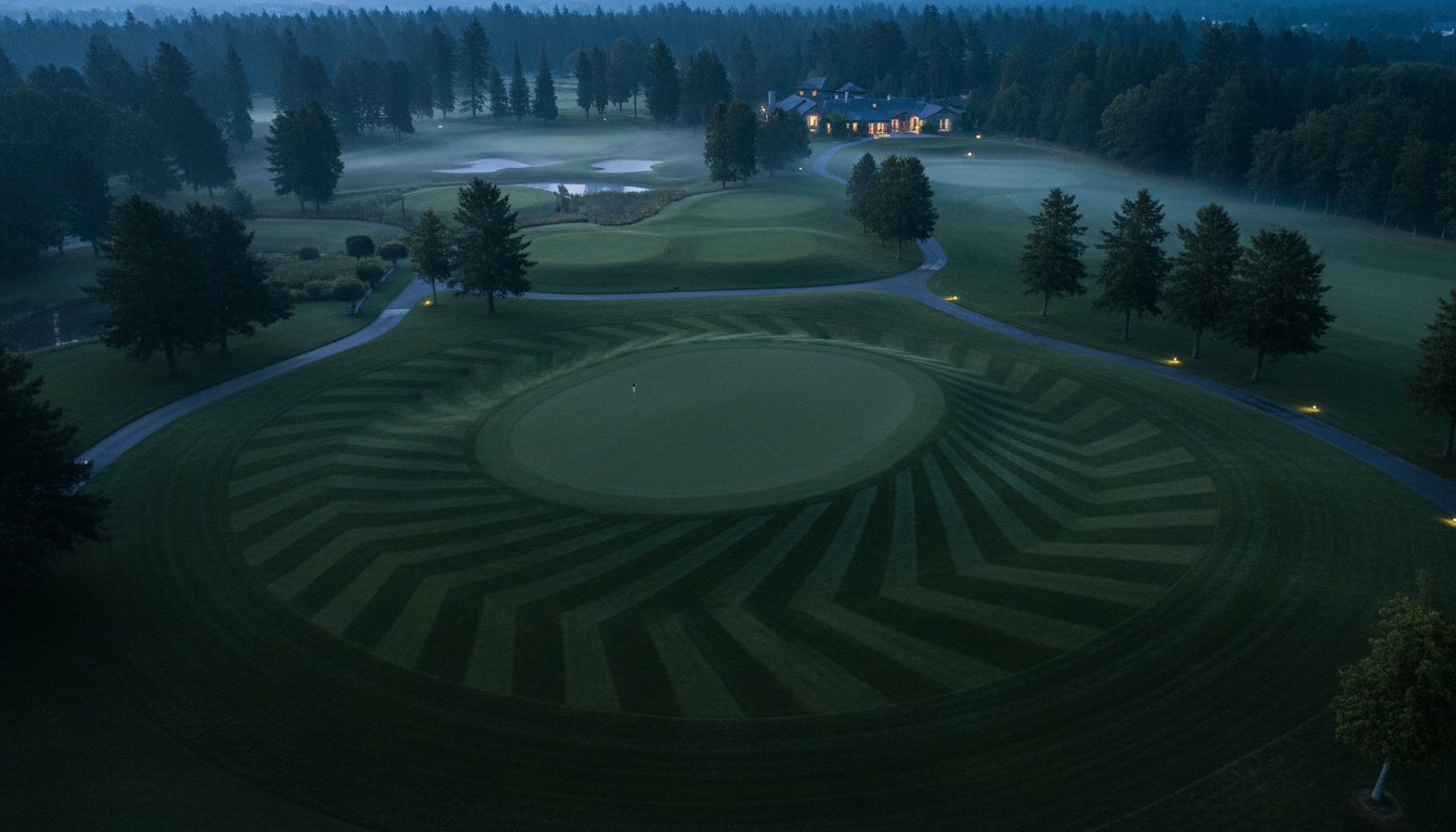 Aerial view of pristine golf course green at blue hour with geometric mowing patterns