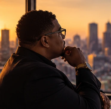 Dr. Ronell Pugh looking out over the city skyline at dusk