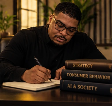 Dr. Ronell Pugh writing beside books on strategy, consumer behavior and AI