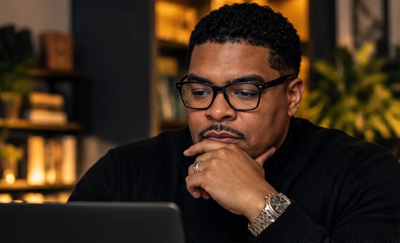 Dr. Ronell Pugh reviewing research and insights at his laptop