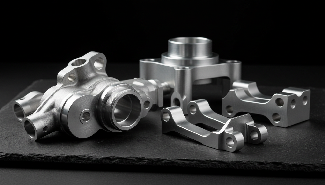 Precision CNC machined components on a dark surface showing engineering detail