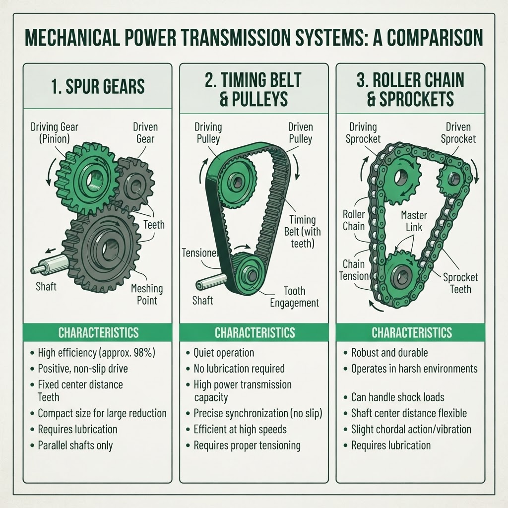 Mechanisms Comparison: Gears vs Belts vs Chains