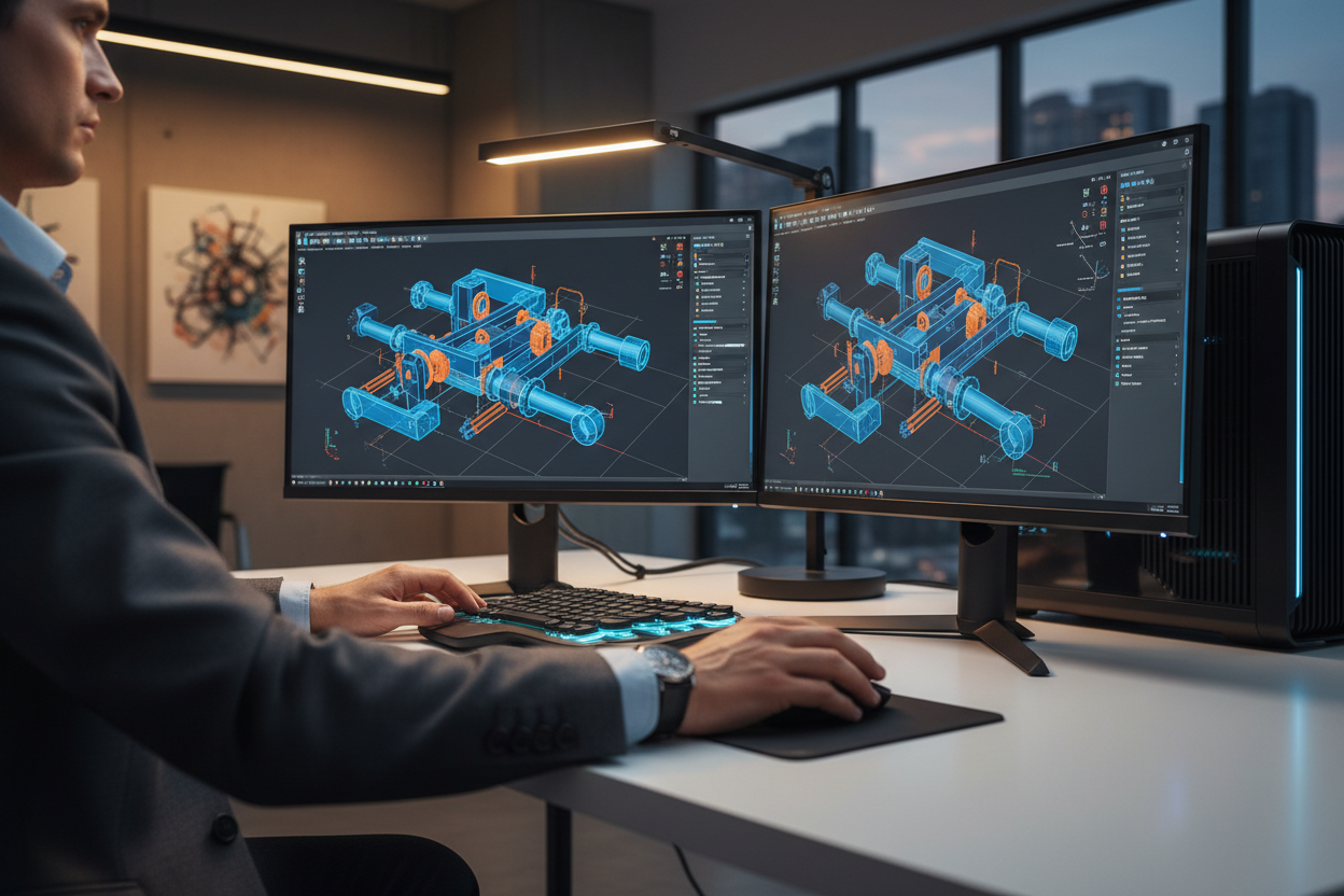 Mechanical engineer working at a CAD workstation with 3D assembly designs on dual monitors