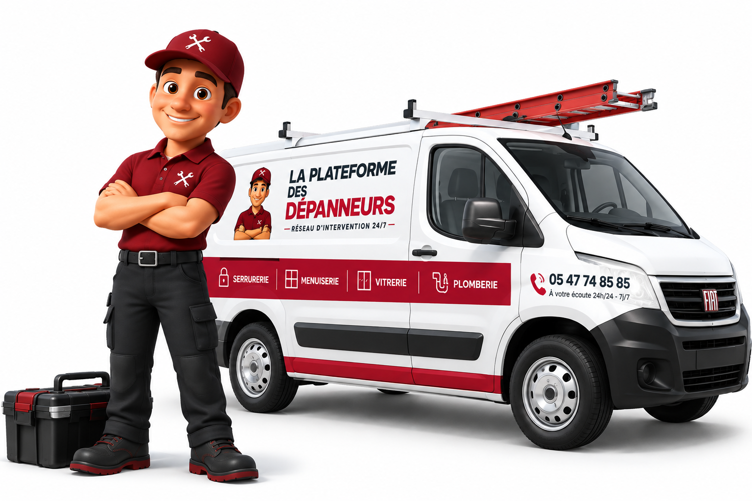 Technicien La Plateforme Des Dépanneurs devant un véhicule d'intervention
