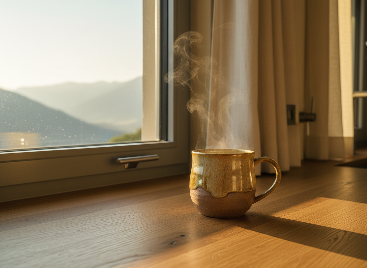 Warm interior detail of a campervan with morning coffee