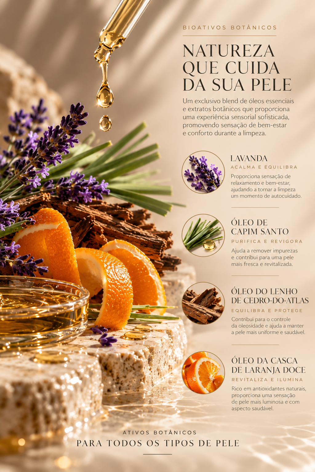 Bioativos Botânicos — Lavanda, Óleo de Capim Santo, Cedro-do-Atlas e Laranja Doce que cuidam da pele