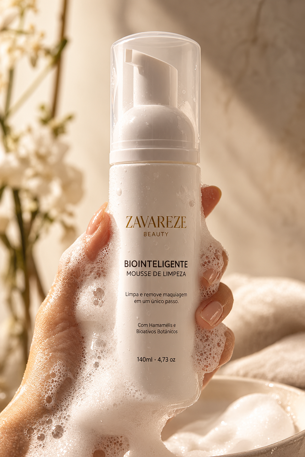 Mousse de Limpeza Biointeligente Zavareze Beauty — frasco com bomba e textura cremosa tipo chantilly