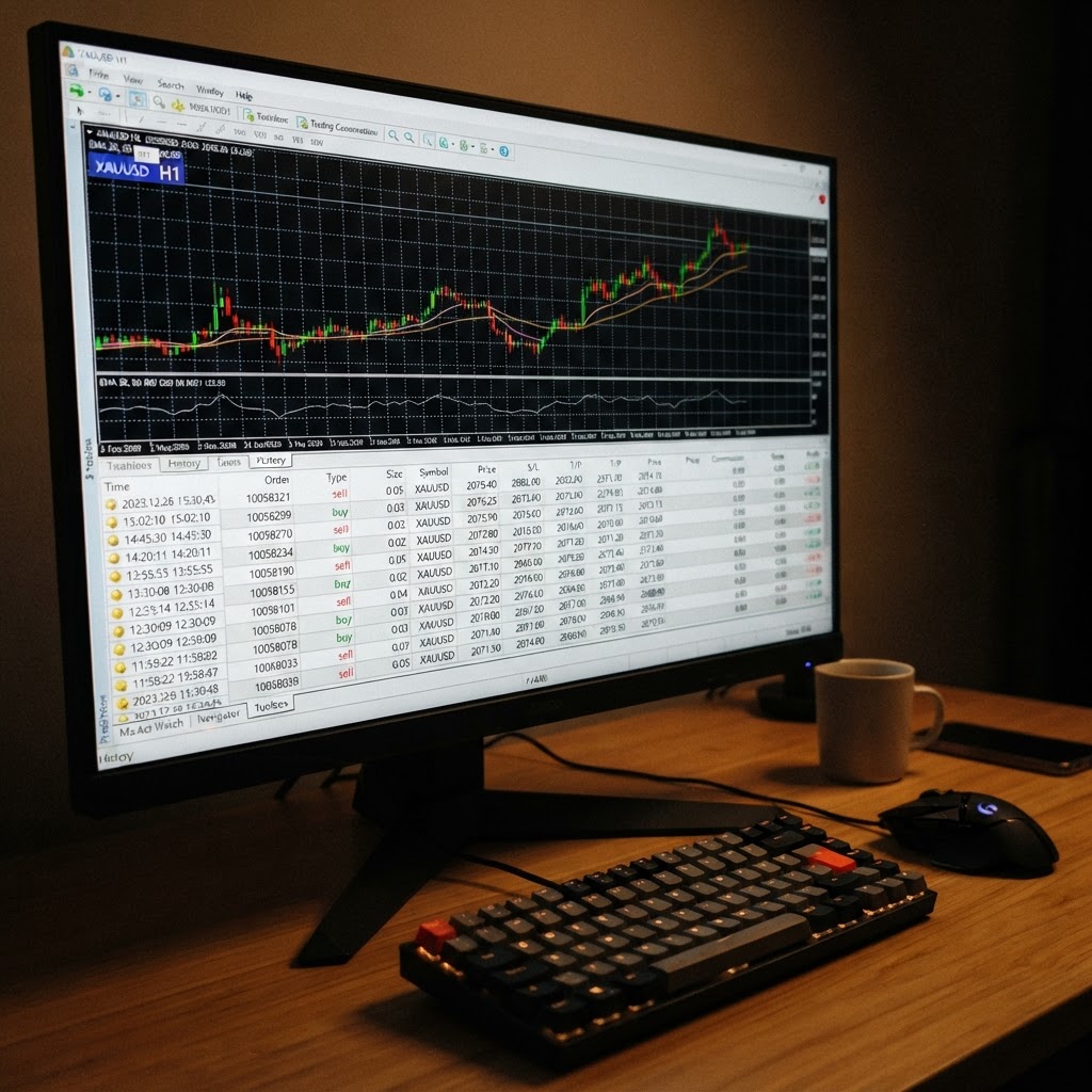 MT5 terminal running GoldTrader v3 on XAUUSD