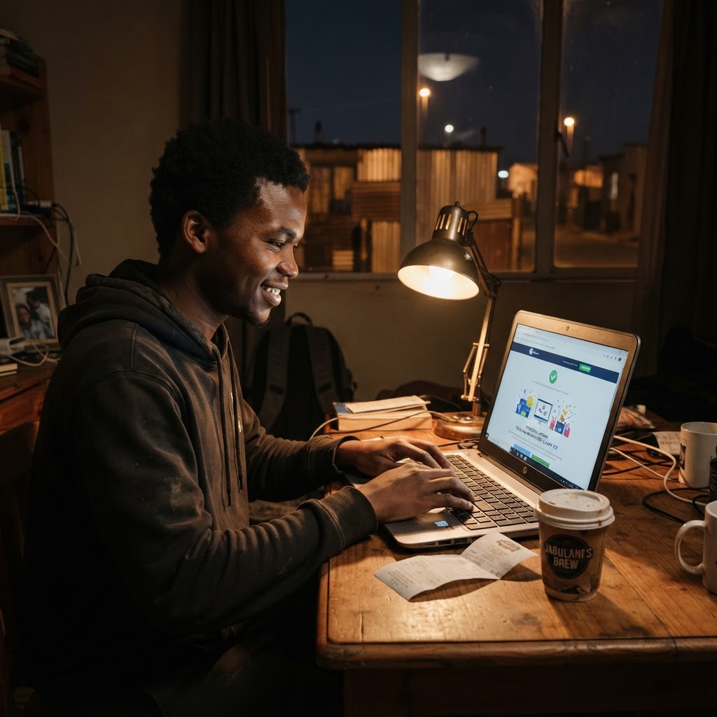 A laptop at night showing a domain purchase, a receipt and a coffee on the desk