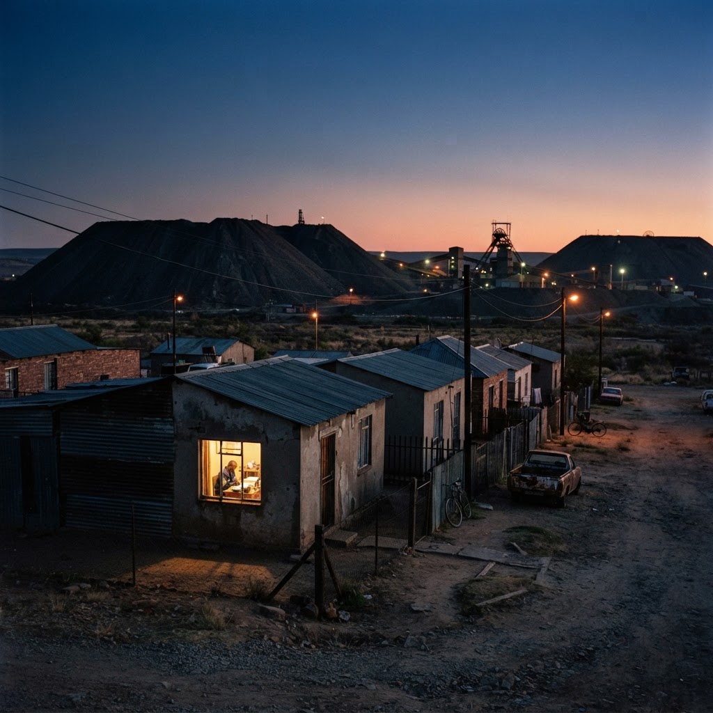 A small mining town at dusk with one window glowing warm light
