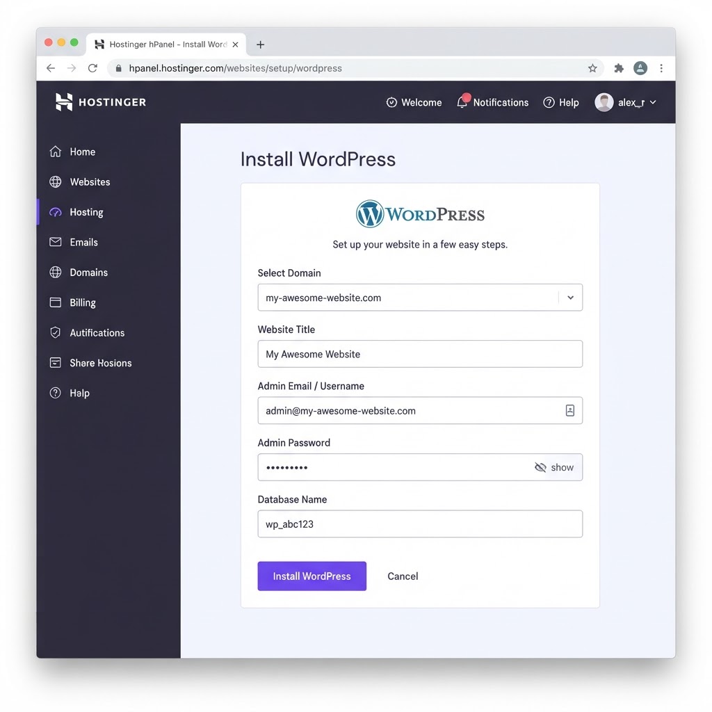 Installing WordPress on Hostinger — the one-click installer