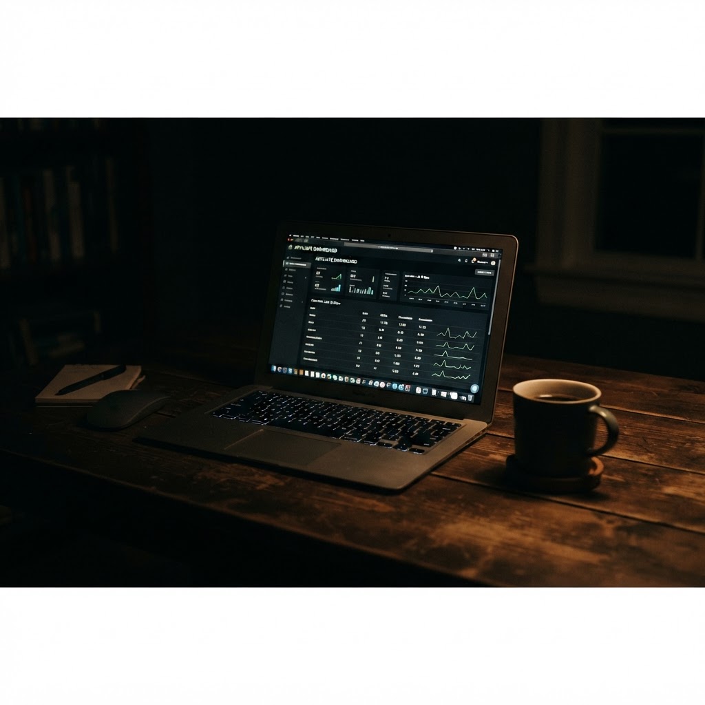 Laptop screen glowing in a dark room showing an affiliate dashboard