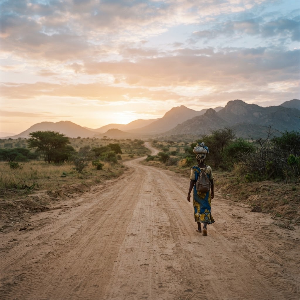 A long dirt road stretching toward distant hills at dawn, a solitary figure walking