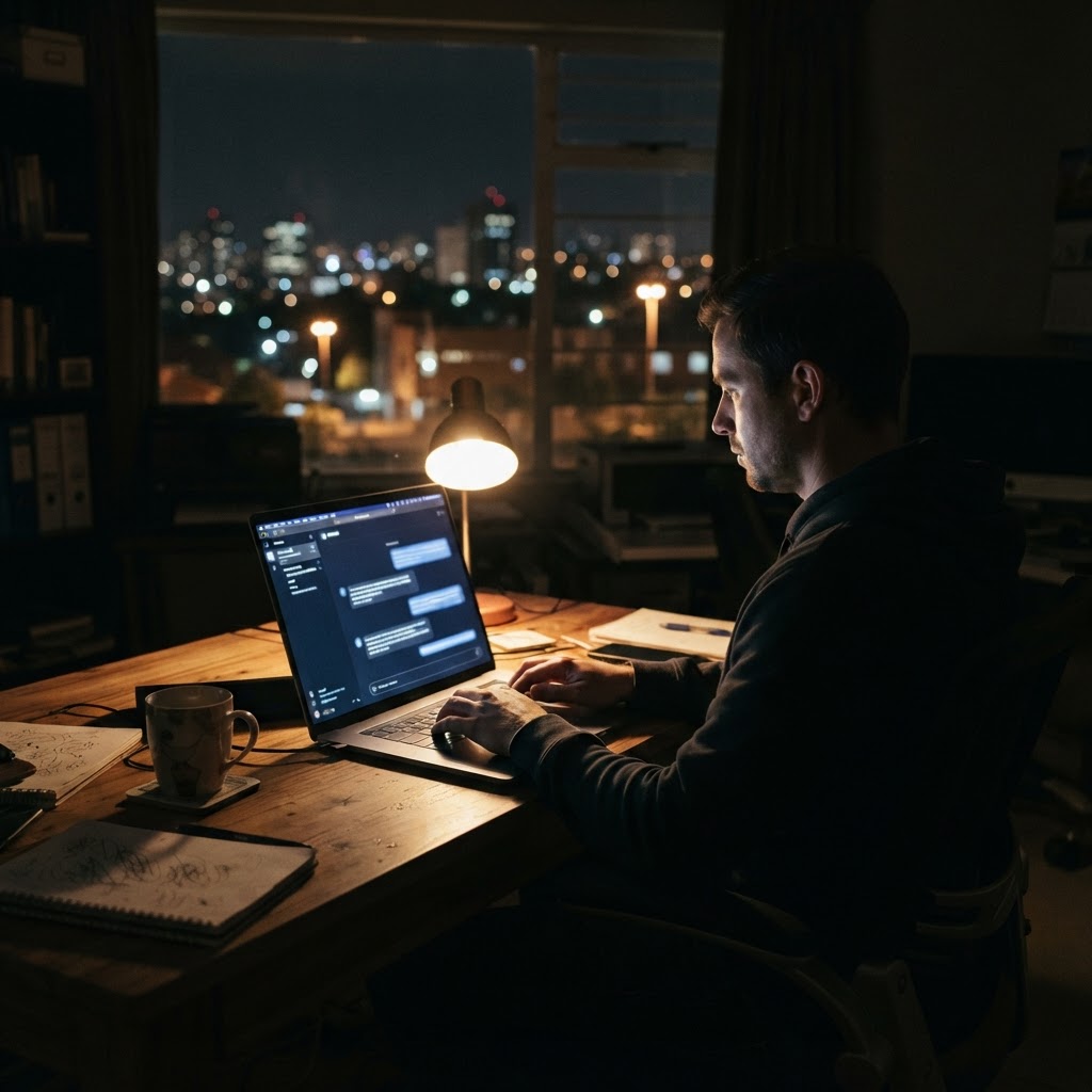 A laptop glowing at 2AM with an AI assistant chat, night lights through the window