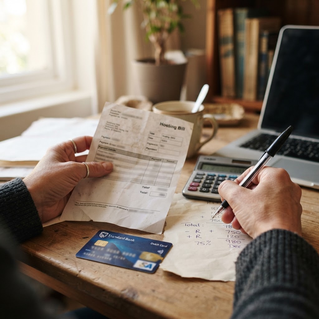Hands comparing a hosting bill with a bank card and handwritten rands math