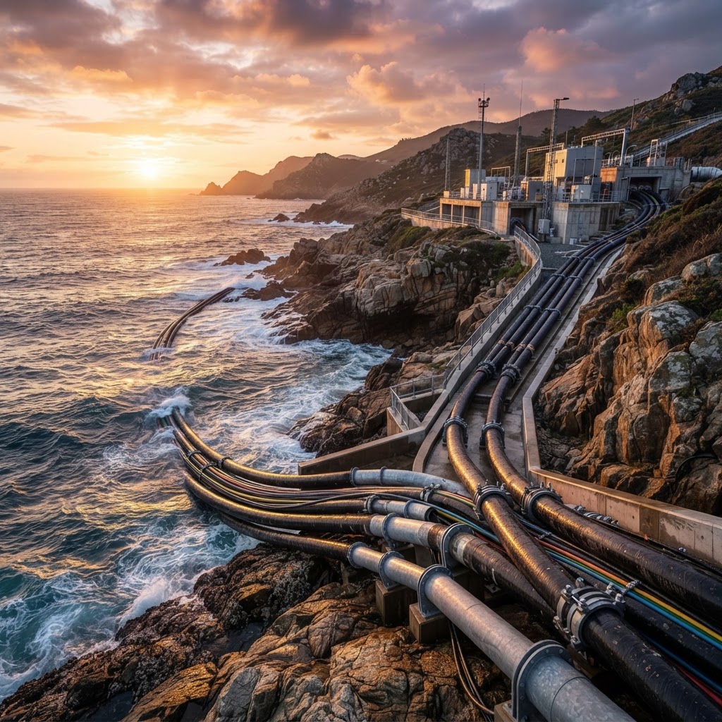 Undersea fibre optic cables carrying internet traffic between continents