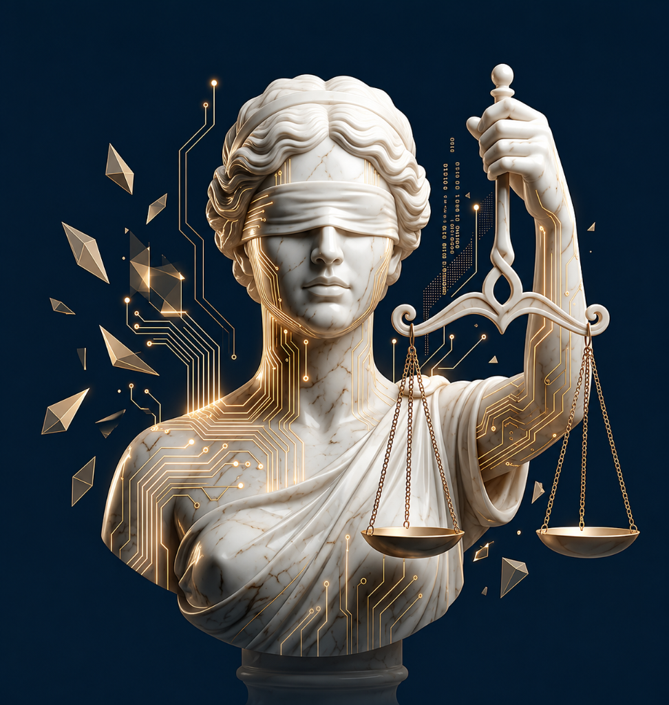 Lady Justice statue with circuitry, representing law meeting technology