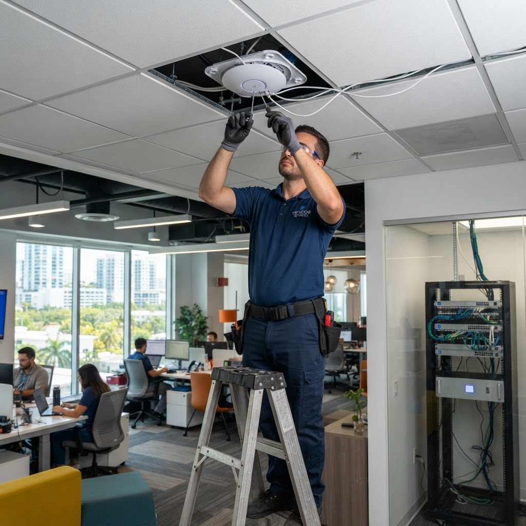 Network infrastructure setup for Miami business showing UniFi switches and access points in a server room