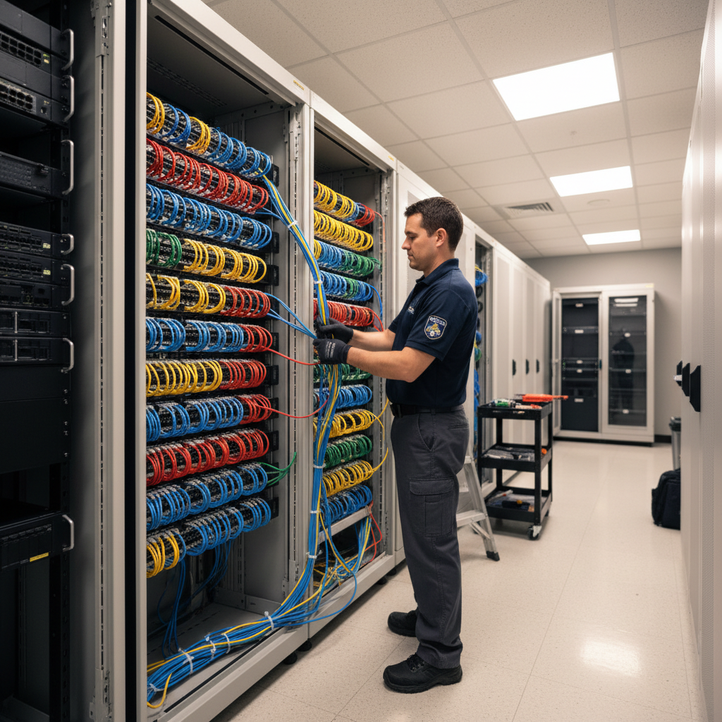 Structured cabling technician organizing ethernet cables in a commercial building patch panel in Miami